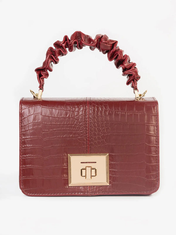 Maroon Croc-Textured Handbag with Scrunch Handle